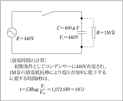 第3図　400V回路の残留電荷の等価回路と放電時間の計算