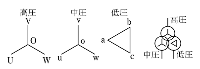 第1図　三相3巻線変圧器の誘導電圧ベクトル図と図記号